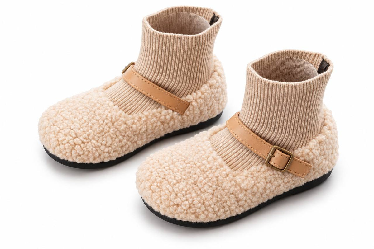 Beige bouclé ankle boots with ribbed knit shaft and buckle strap