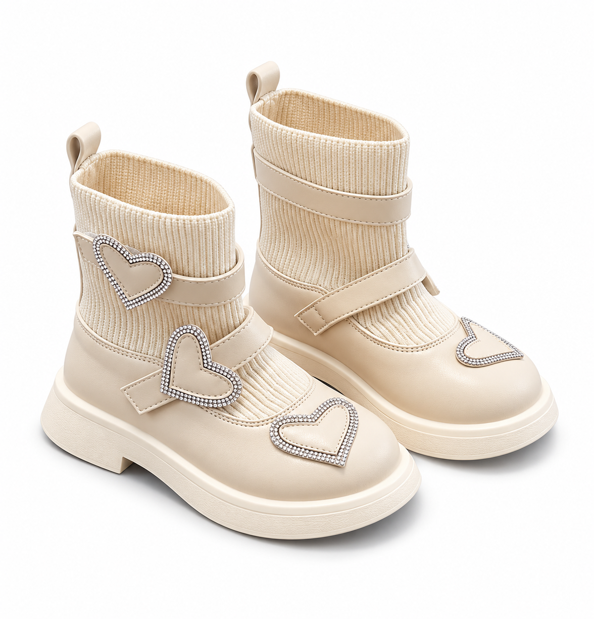 Beige ribbed ankle boots with rhinestone heart details