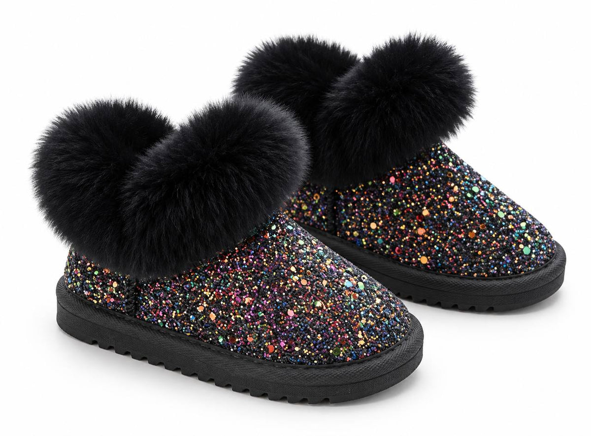 Black glitter boots with black fluffy faux-fur cuffs