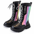 Black tall lace-up boots with rainbow glitter side panels