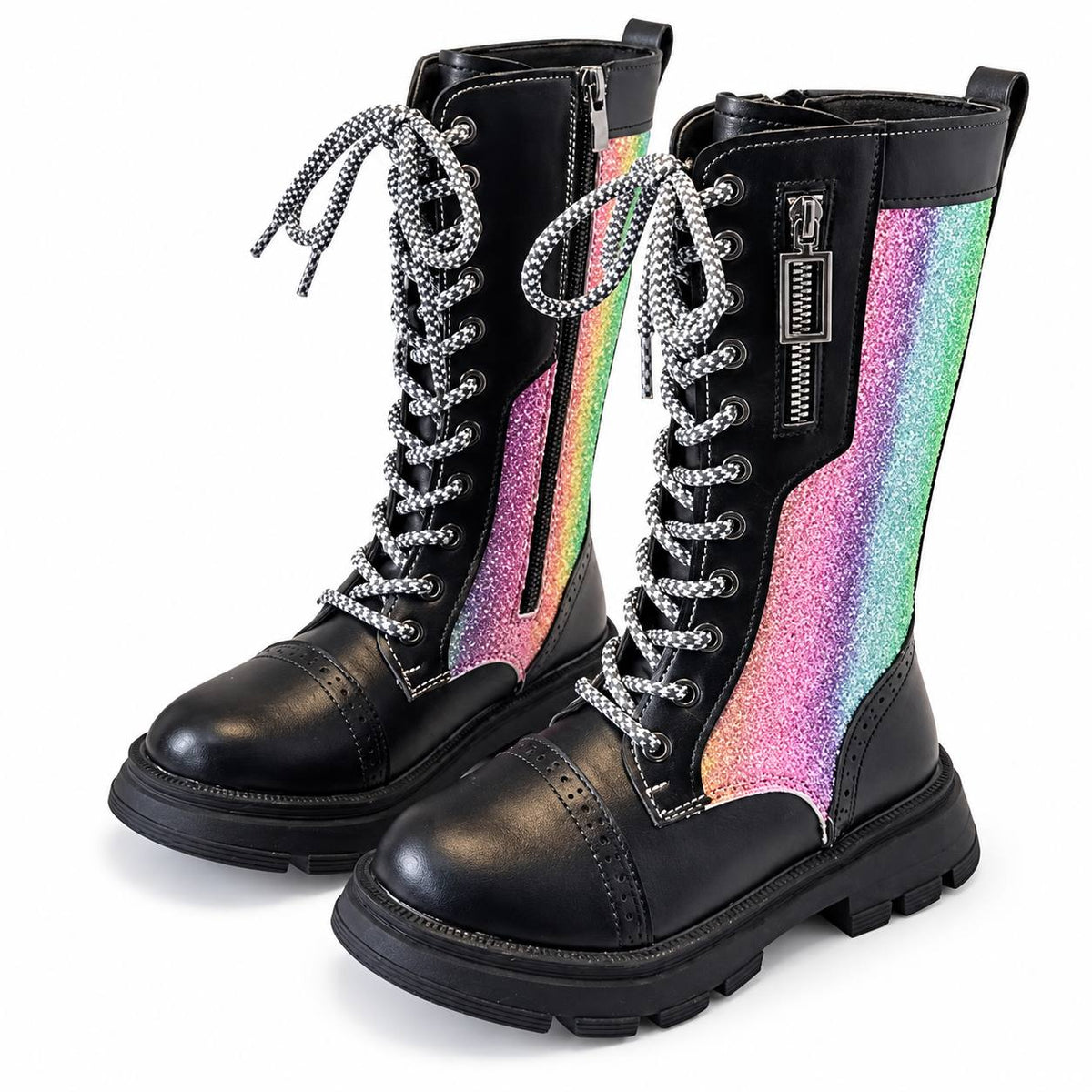 Black tall lace-up boots with rainbow glitter side panels