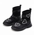 Black ribbed ankle boots with rhinestone heart details