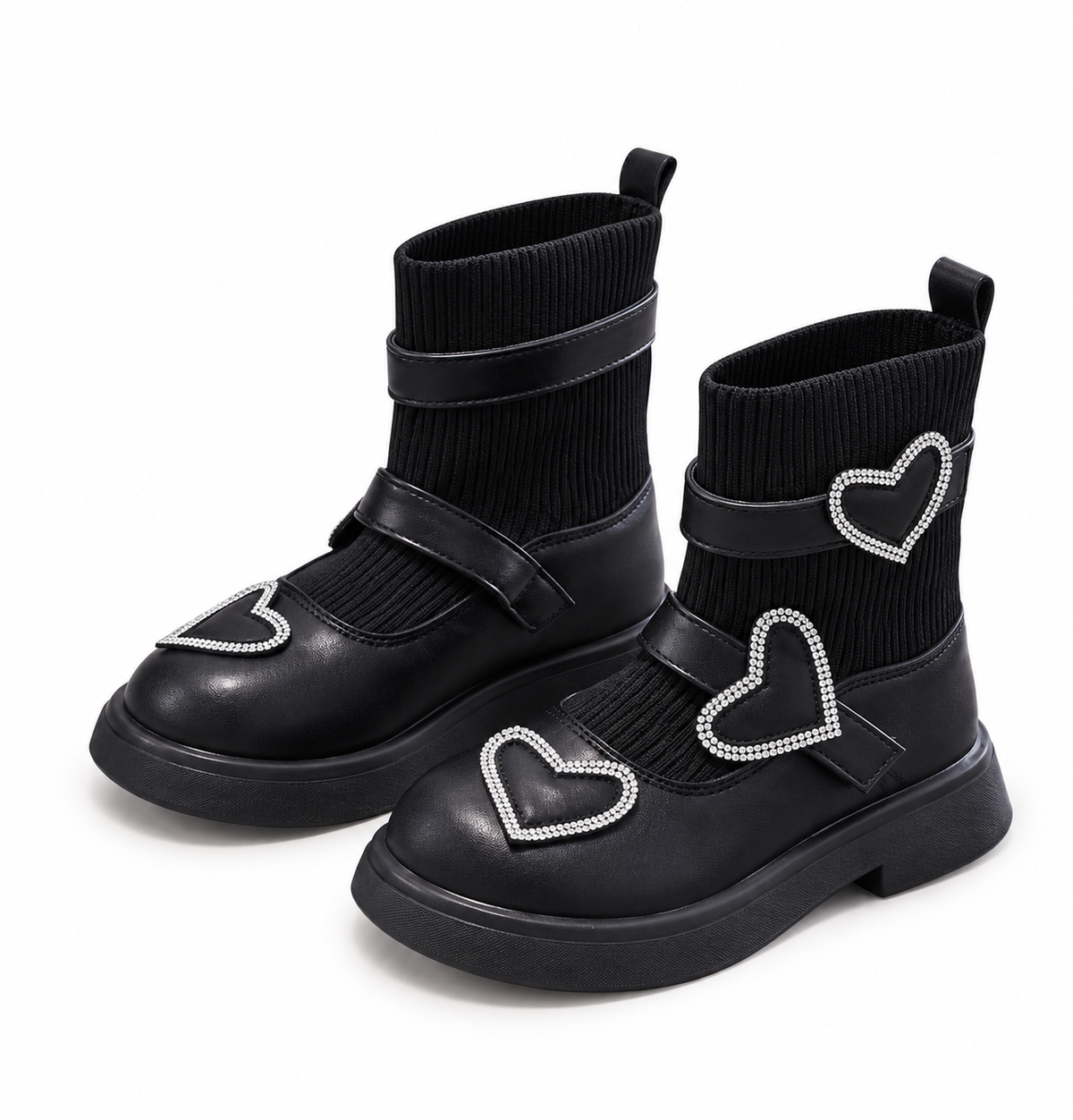 Black ribbed ankle boots with rhinestone heart details