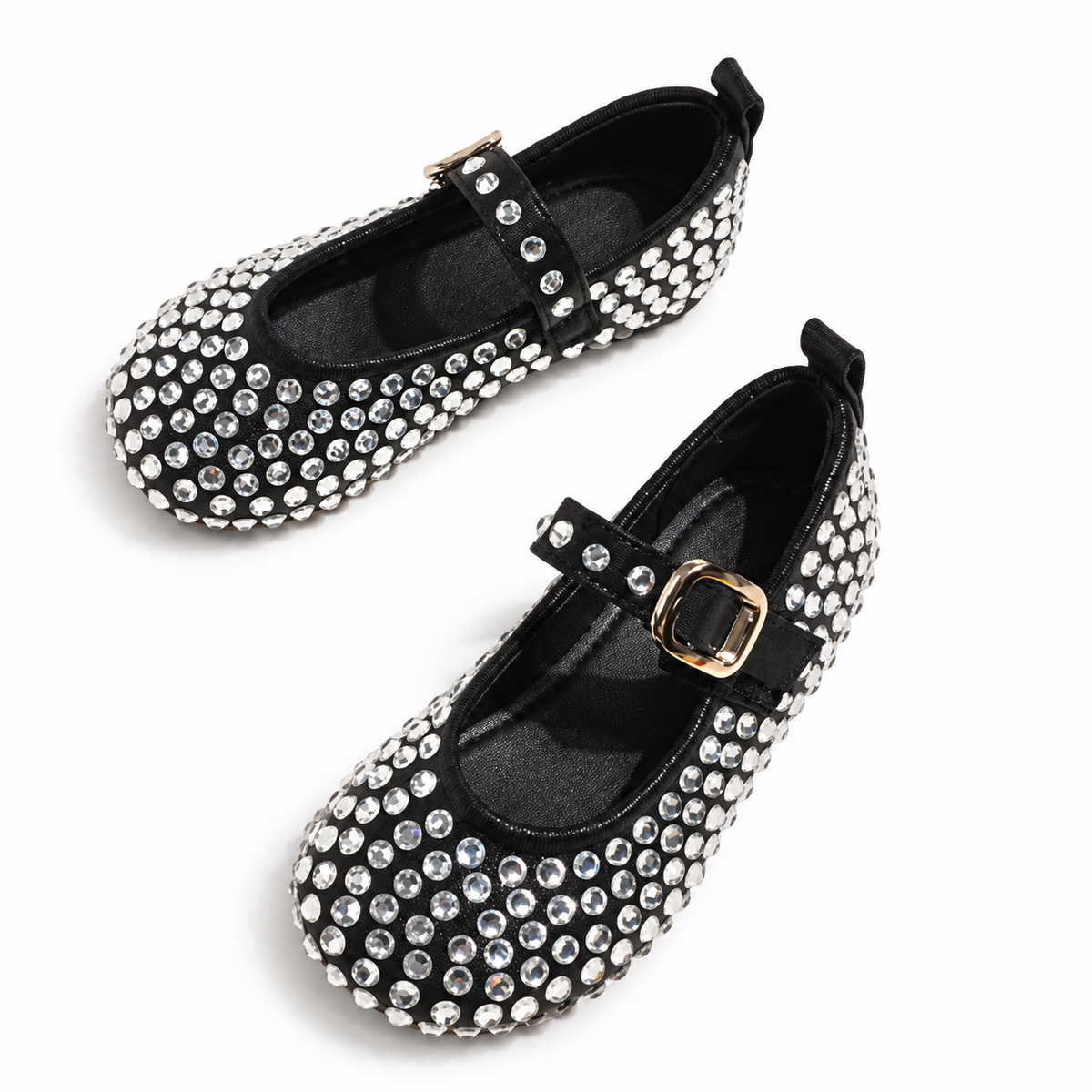 Black Mary Jane flats covered in clear rhinestones