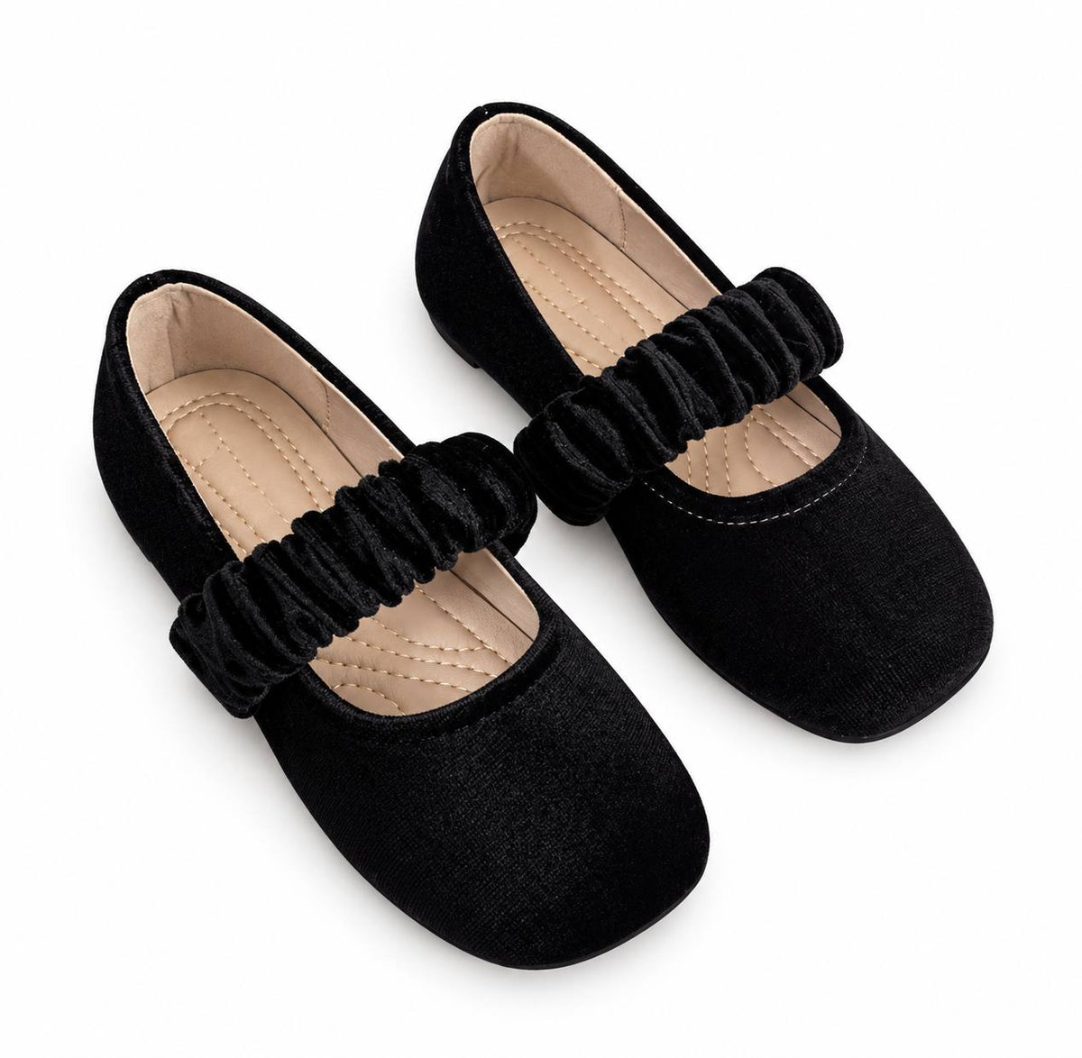 Black velvet Mary Jane shoes with ruched strap
