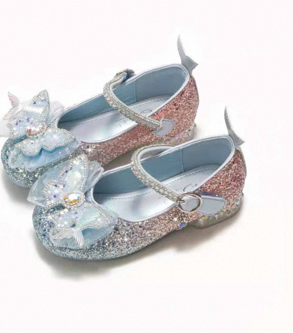 Blue and pink glitter Mary Jane shoes with jeweled butterfly bows