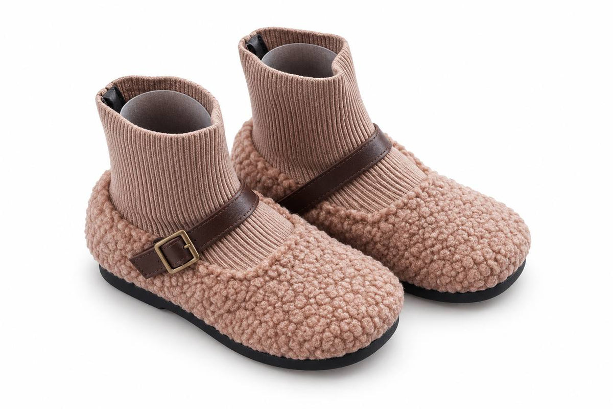 Brown bouclé ankle boots with ribbed knit shaft and buckle strap