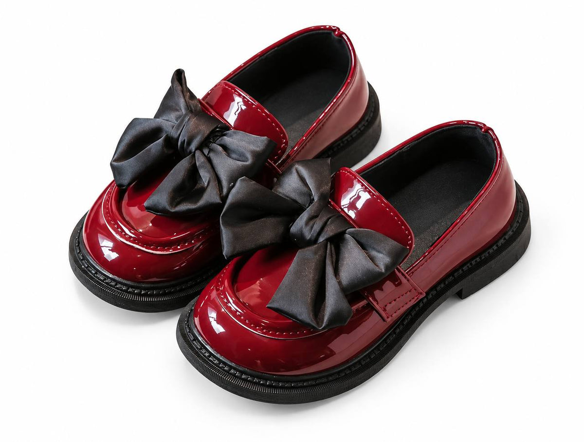 Bordeaux patent loafers with black satin bows