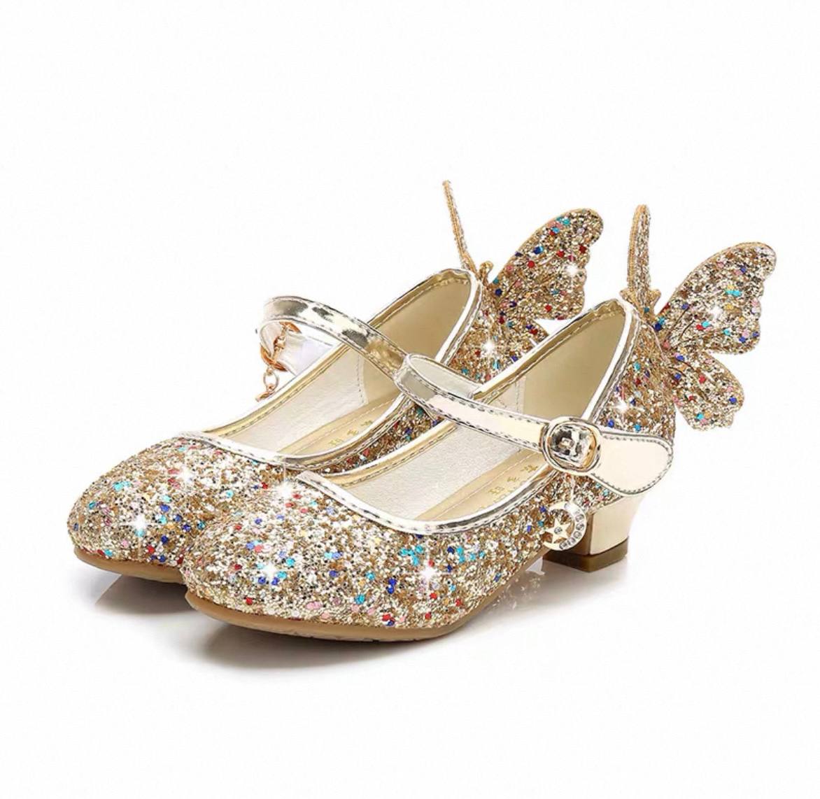 Gold glitter butterfly Mary Jane shoes