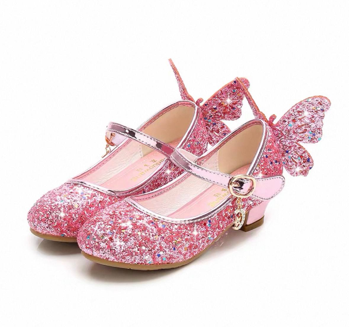 Rose pink glitter butterfly Mary Jane shoes