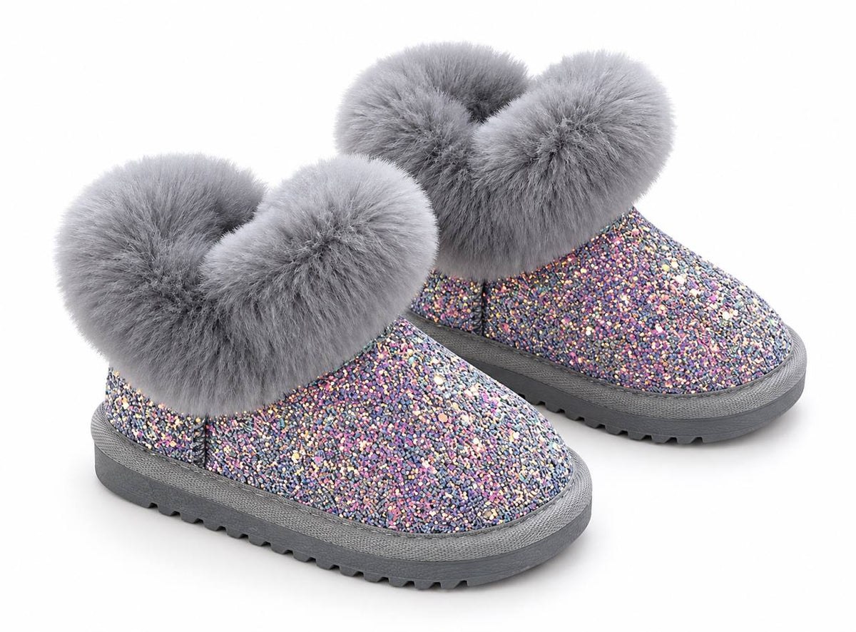 Grey glitter boots with grey fluffy faux-fur cuffs