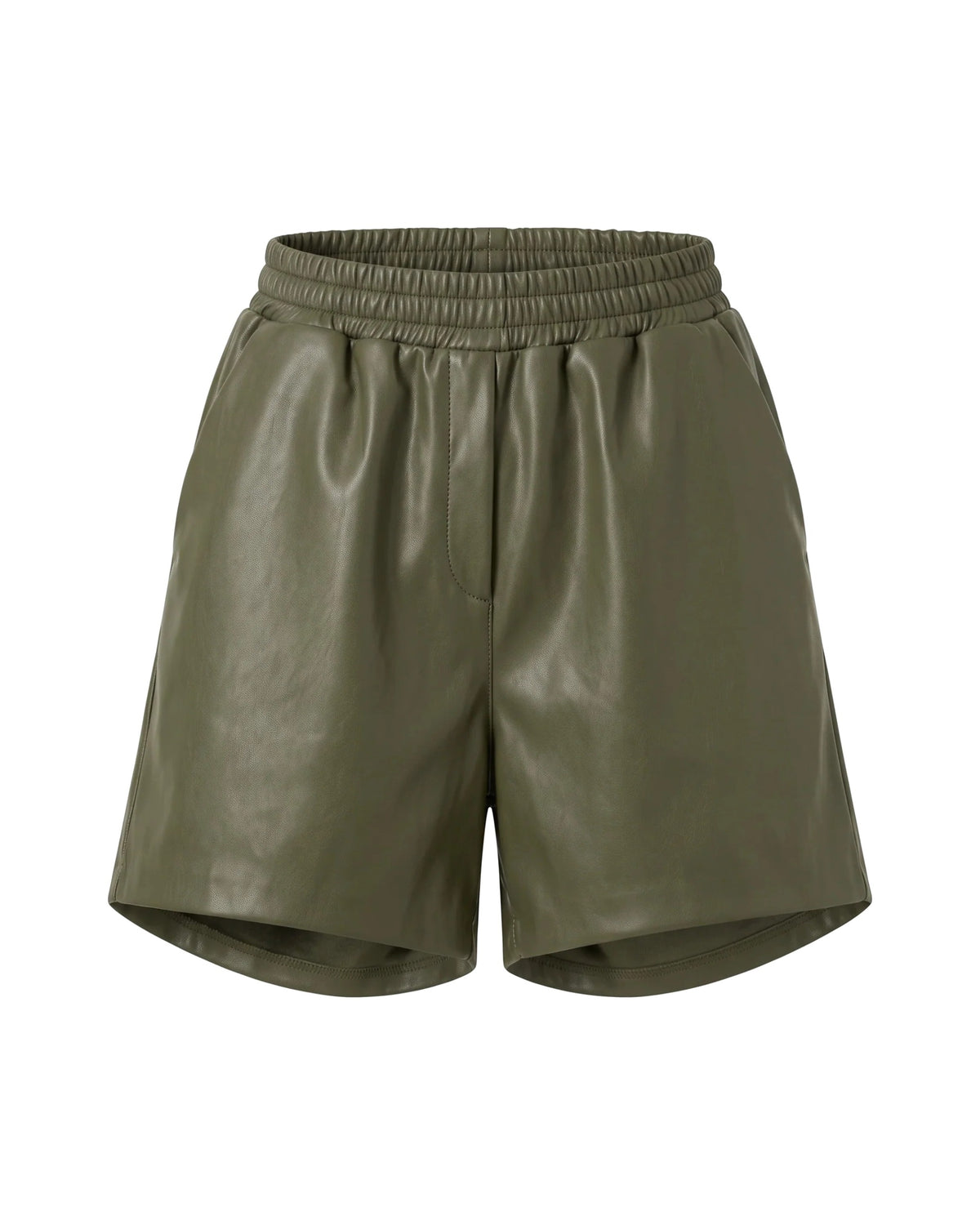 Olive Green Faux Leather Shorts – High-Waisted Relaxed Fit – women's shorts at Quatre Épingles, Beirut