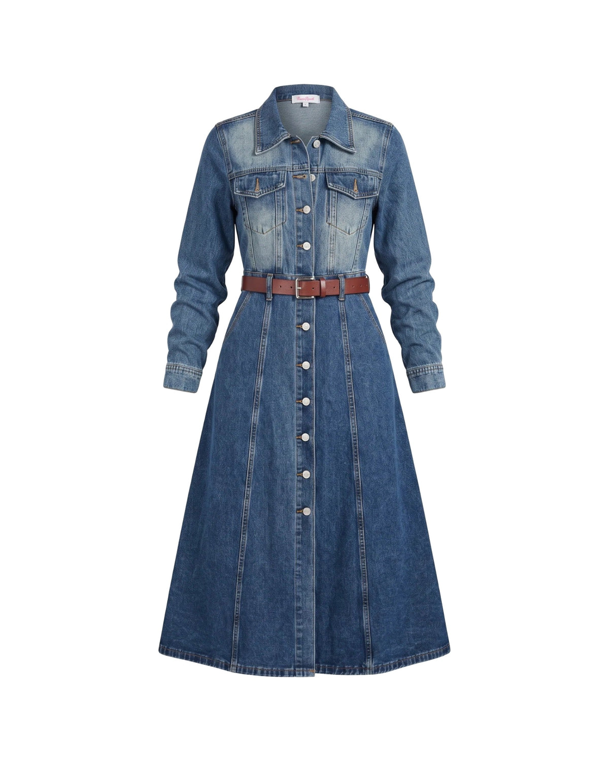 Two Tone Denim Midi Shirt Dress with Leather Belt – women's dress at Quatre Épingles, Beirut