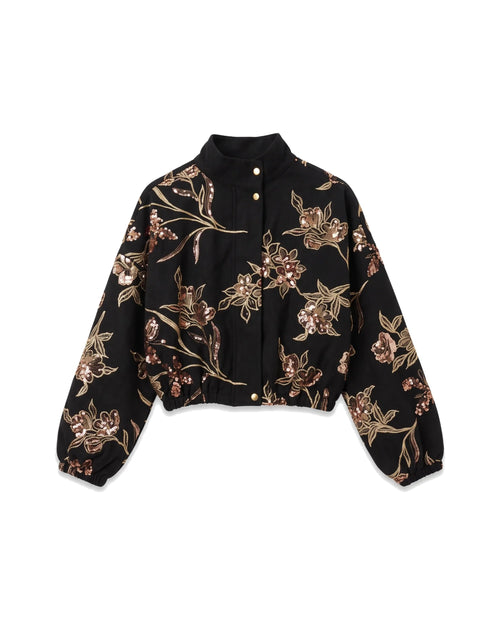 Embroidered Cropped Bomber Jacket in Black – women's jacket at Quatre Épingles, Beirut