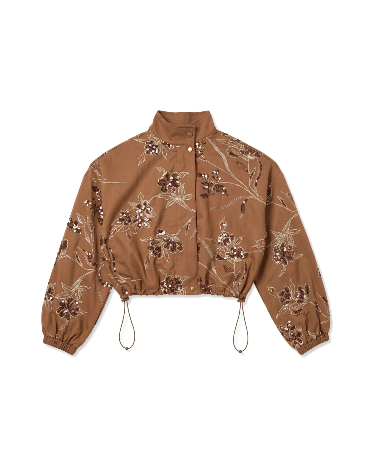 Embroidered Cropped Bomber Jacket in Caramel Brown – women's jacket at Quatre Épingles, Beirut