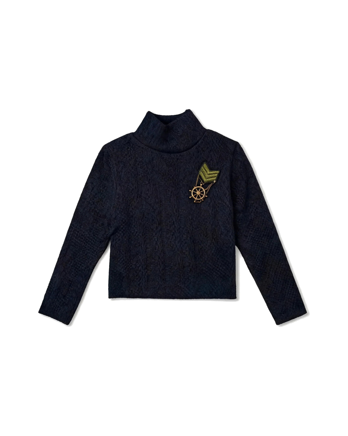 Navy Blue Textured Turtleneck Top with Military-Inspired Brooch – girls' top at Quatre Épingles, Beirut