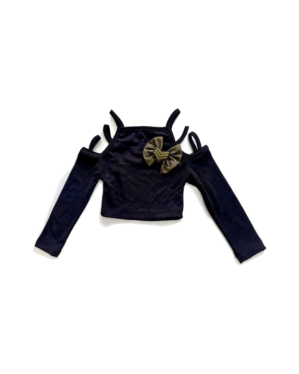 Navy Blue Cold Shoulder Crop Top with Olive Bow Detail – girls' top at Quatre Épingles, Beirut