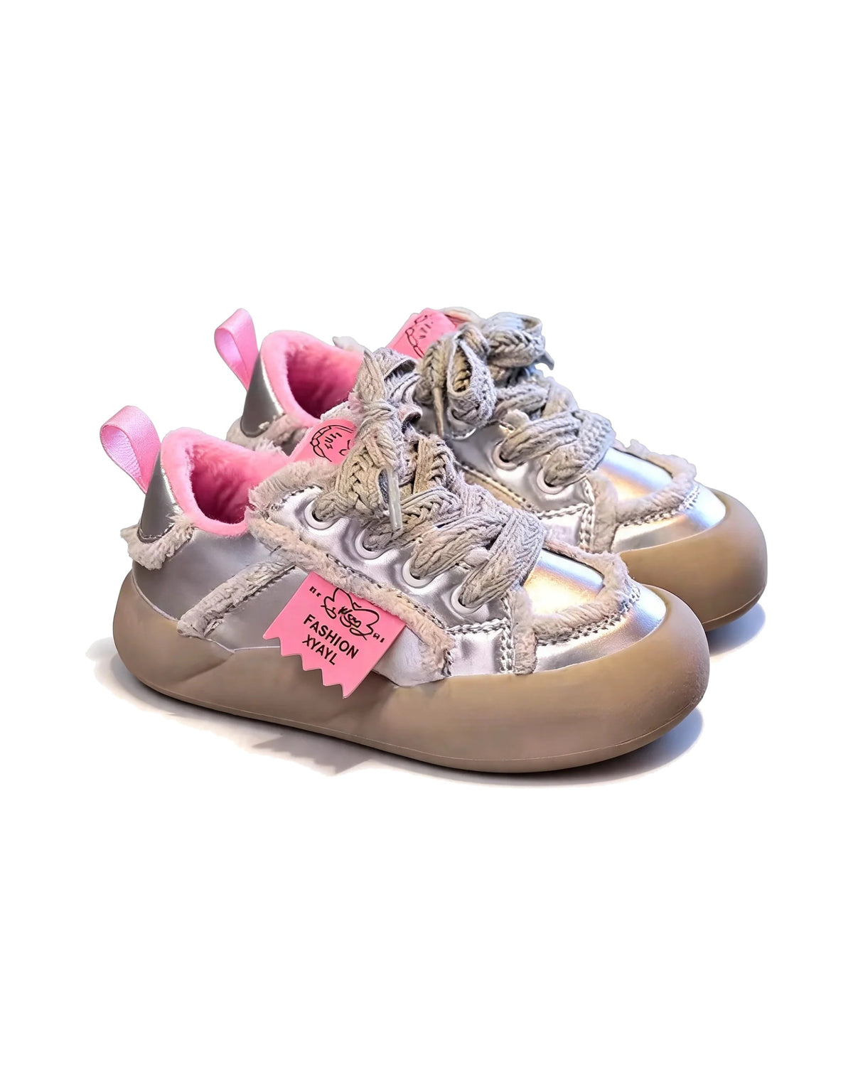 Metallic Silver Sneakers with Pink Faux Fur Lining & Chunky Sole – girls' shoes at Quatre Épingles, Beirut