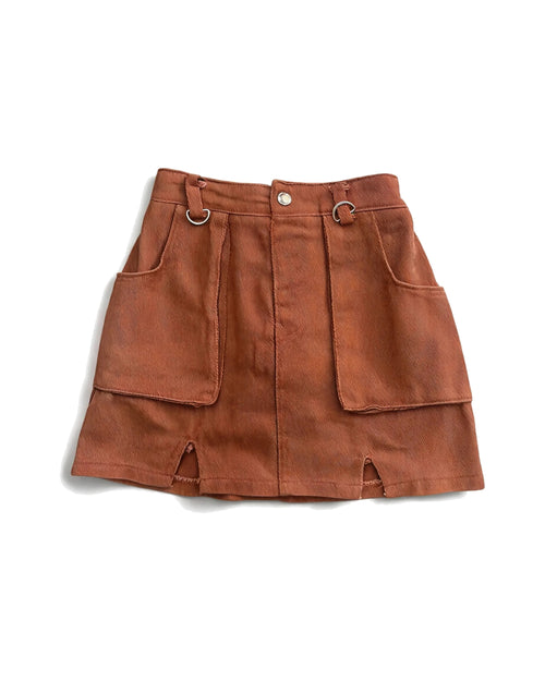 Brown Mini Skirt with Oversized Pockets & Metal Ring Details – girls' skirt at Quatre Épingles, Beirut