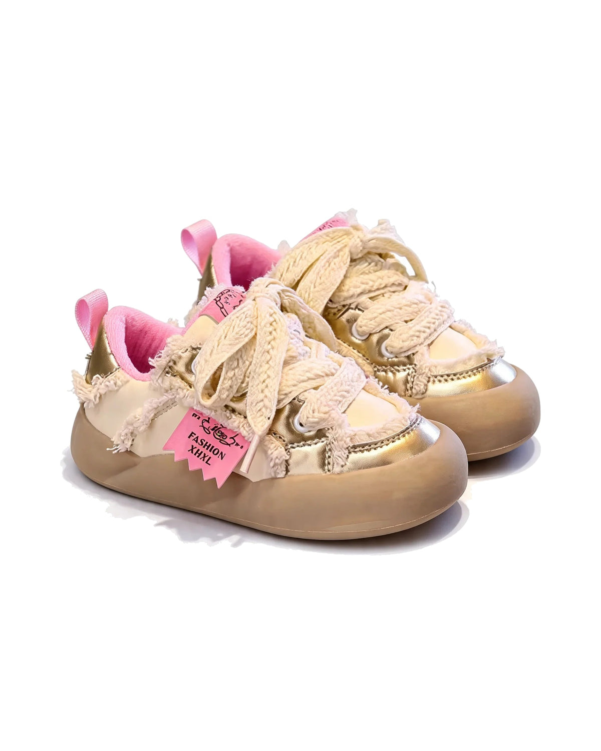 Metallic Gold Sneakers with Pink Faux Fur Lining & Chunky Sole – girls' shoes at Quatre Épingles, Beirut