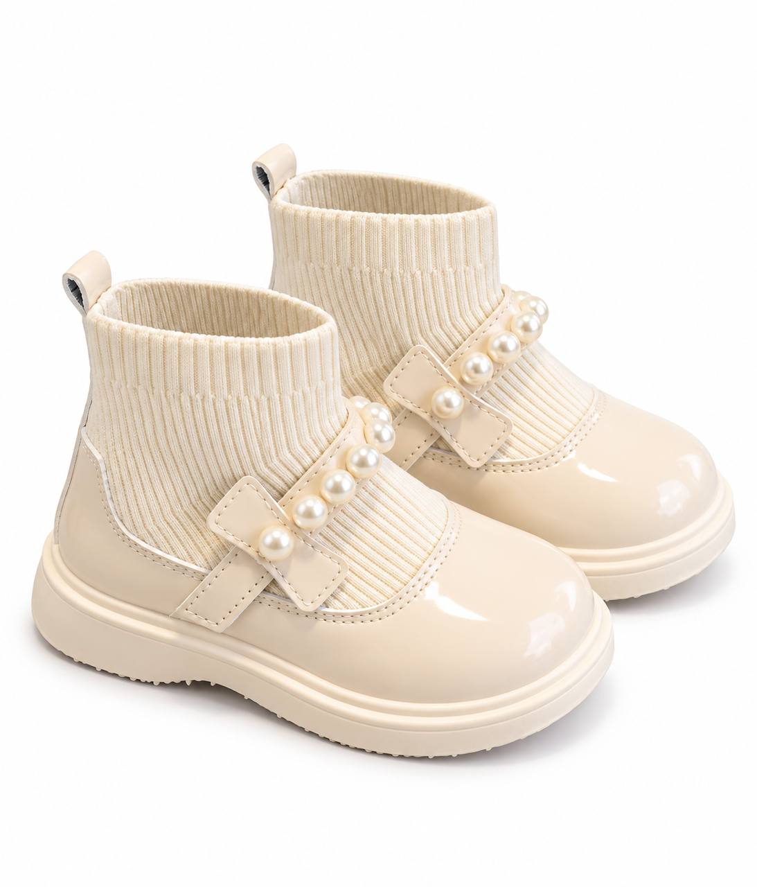Off-white children's ribbed knit boots with pearl strap