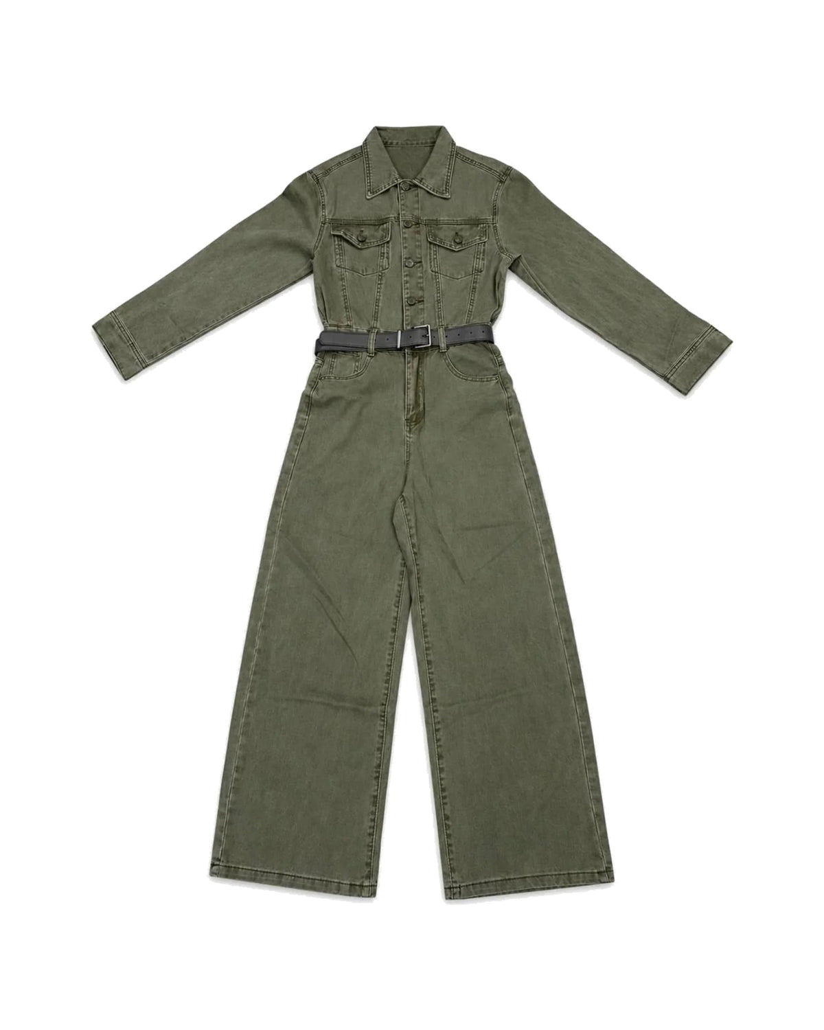 Olive Green Denim Wide-Leg Jumpsuit with Belt – women's jumpsuit at Quatre Épingles, Beirut
