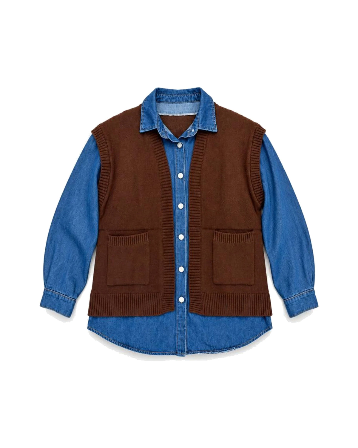 Denim Shirt with Knit Vest – women's top at Quatre Épingles, Beirut