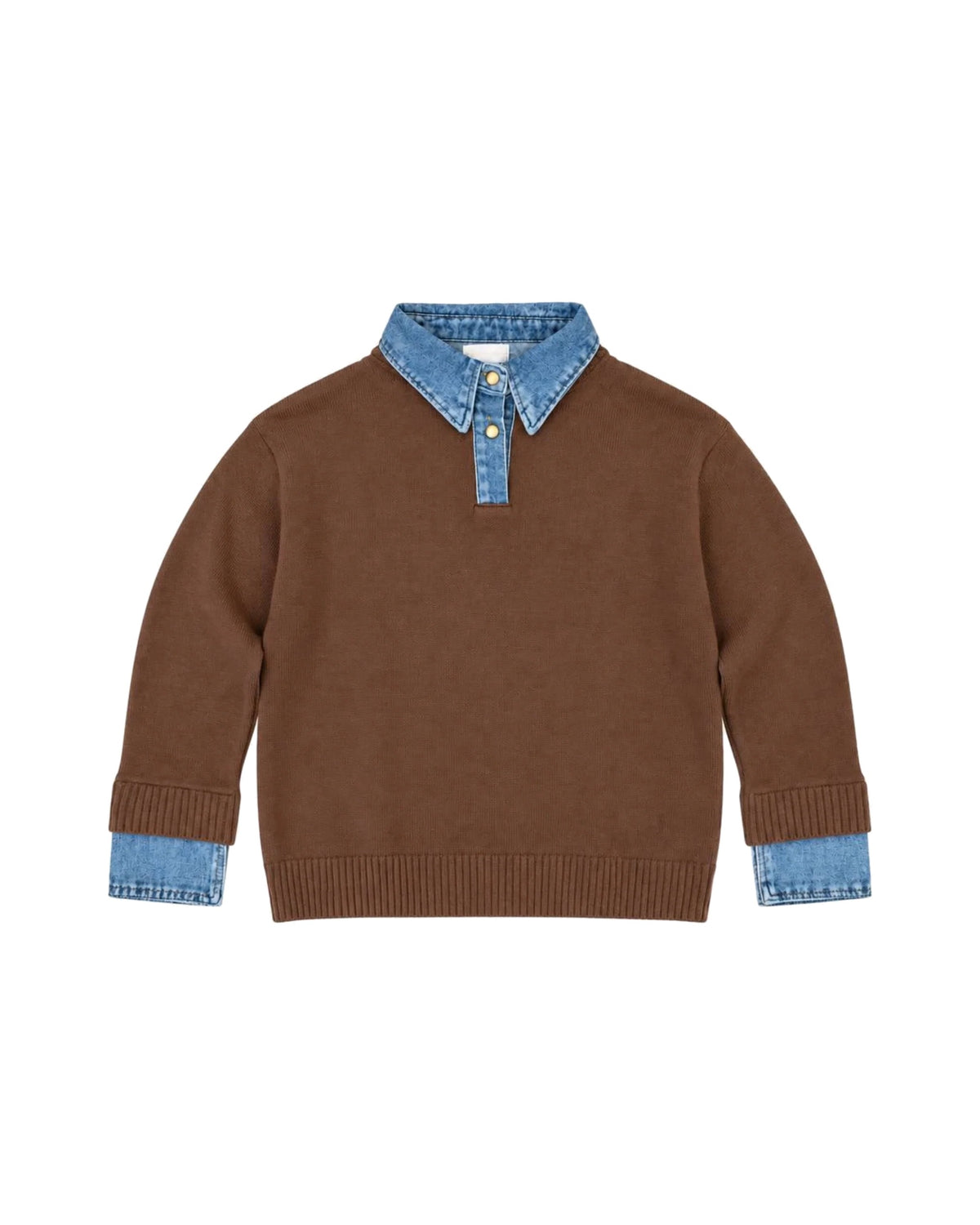 Knit Sweater with Denim Collar & Cuffs – Brown & Red – women's top at Quatre Épingles, Beirut
