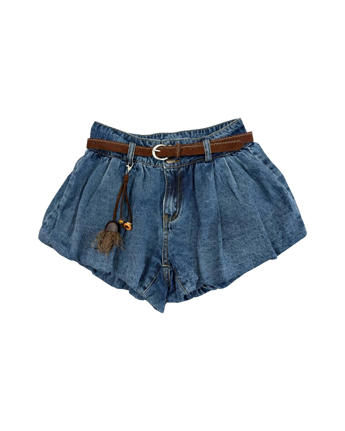 High-Waisted Balloon Denim Shorts with Belt & Charm – women's shorts at Quatre Épingles, Beirut