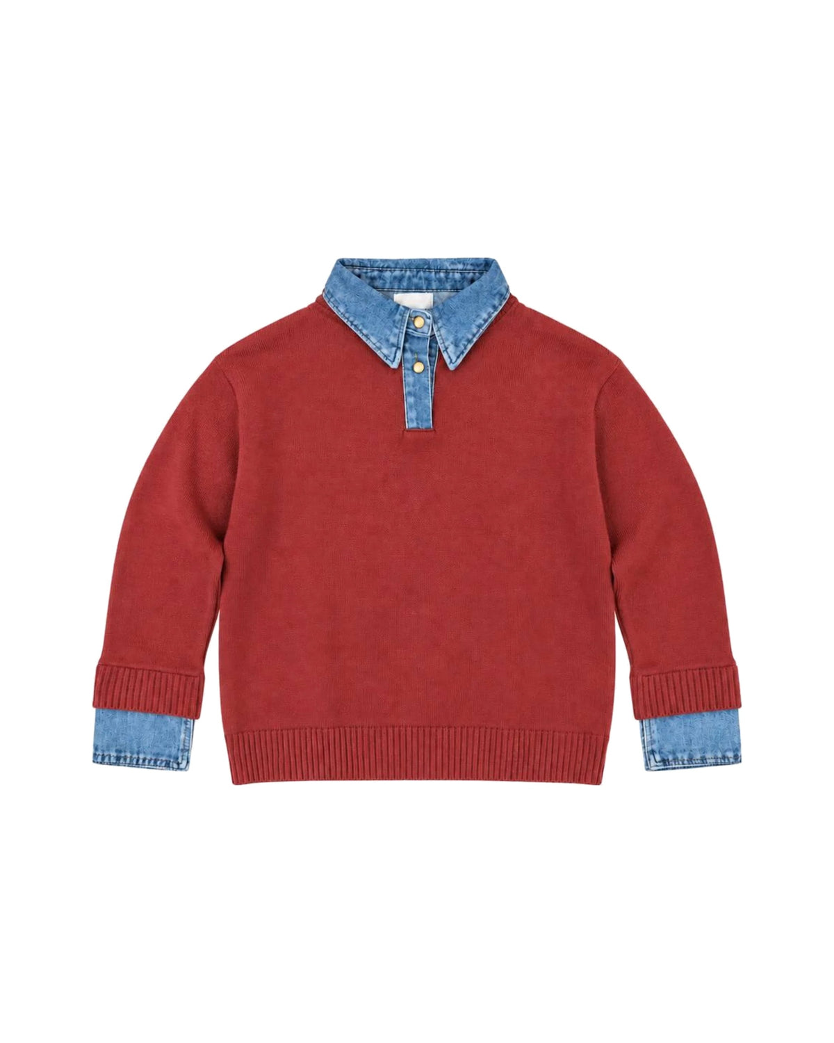 Knit Sweater with Denim Collar & Cuffs – Brown & Red – women's top at Quatre Épingles, Beirut (view 2)