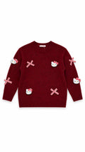 Knit Sweater with Hello Kitty & Gingham Bows – Burgundy – girls' sweater at Quatre Épingles, Beirut
