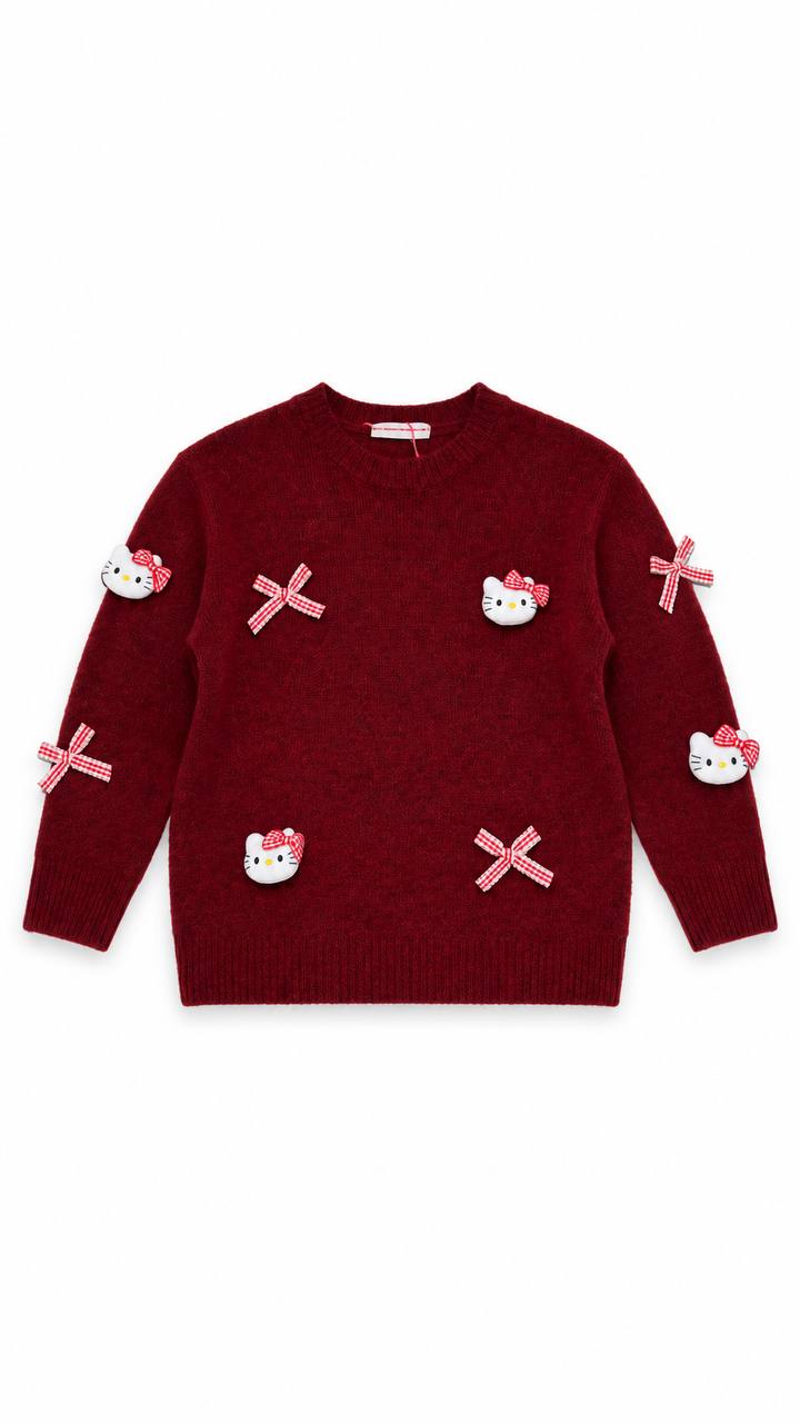 Knit Sweater with Hello Kitty & Gingham Bows – Burgundy – girls' sweater at Quatre Épingles, Beirut