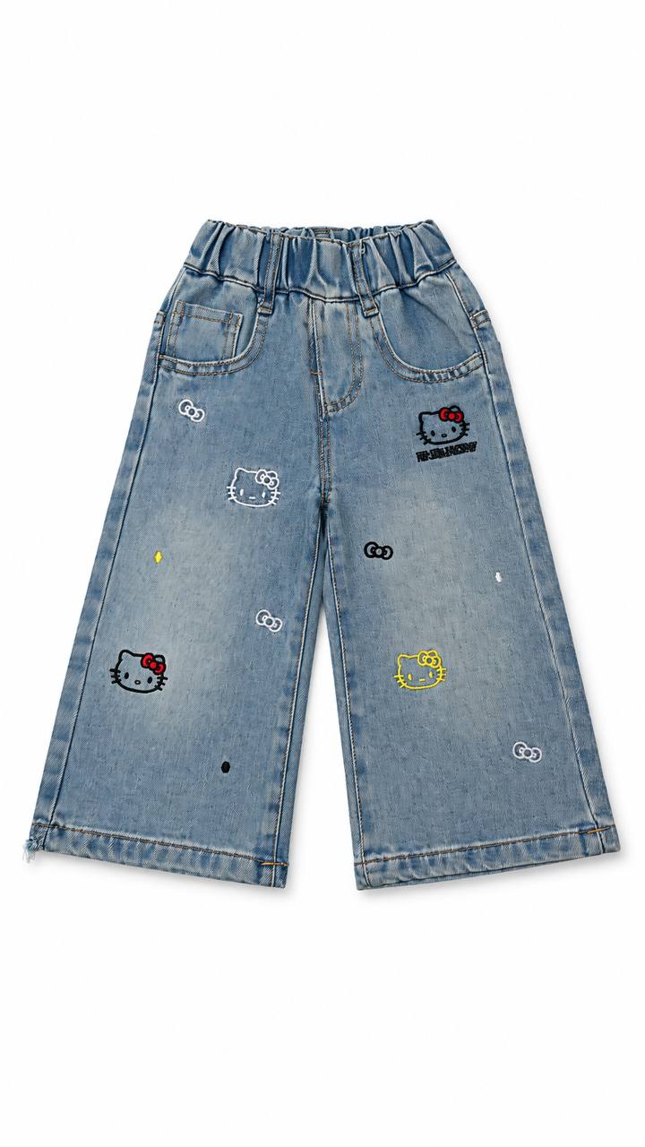 Wide-Leg Kids Jeans with Hello Kitty Embroidery – girls' jeans at Quatre Épingles, Beirut