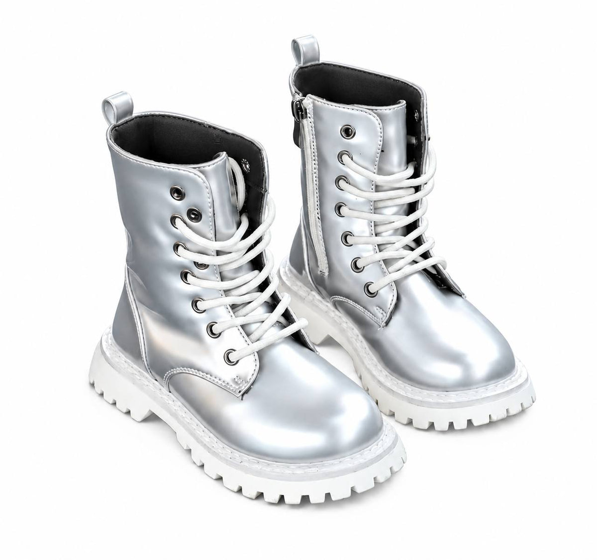 Kids rainbow glitter combat boots - Silver