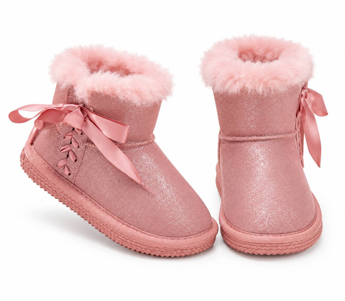 Pink glitter ankle boots with fluffy fur cuffs and satin bows