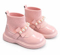 Pink children's ribbed knit boots with pearl strap