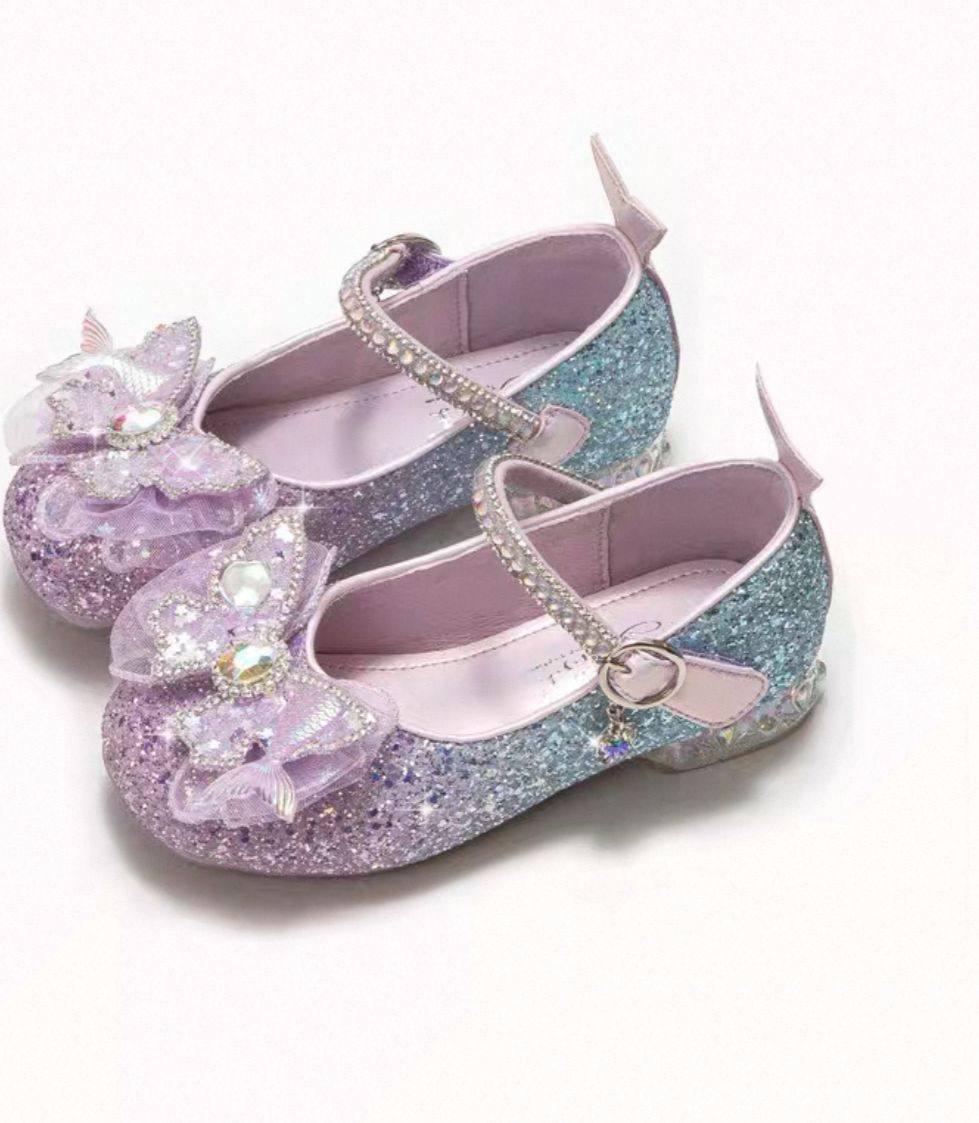 Purple and blue glitter Mary Jane shoes with jeweled butterfly bows