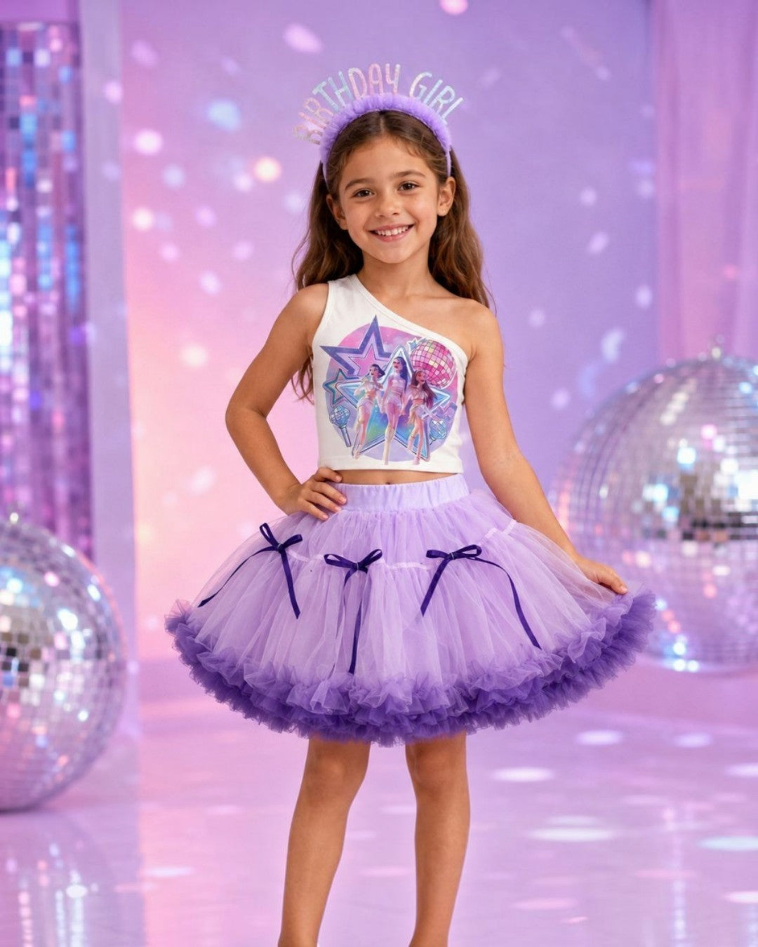 Girl in a lilac tulle skirt and party top