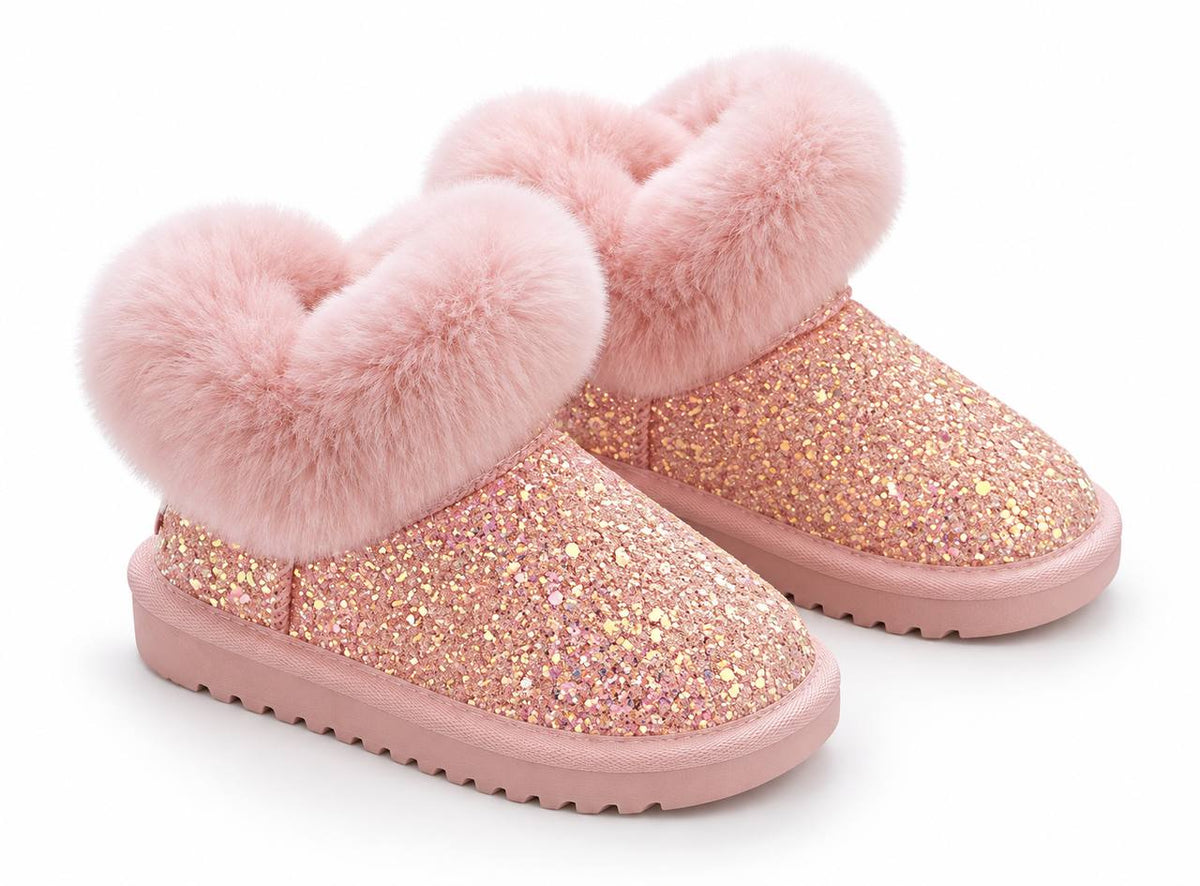 Rose glitter boots with fluffy faux-fur cuffs