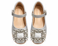 Silver Mary Jane shoes with jeweled square buckle ornaments, top view