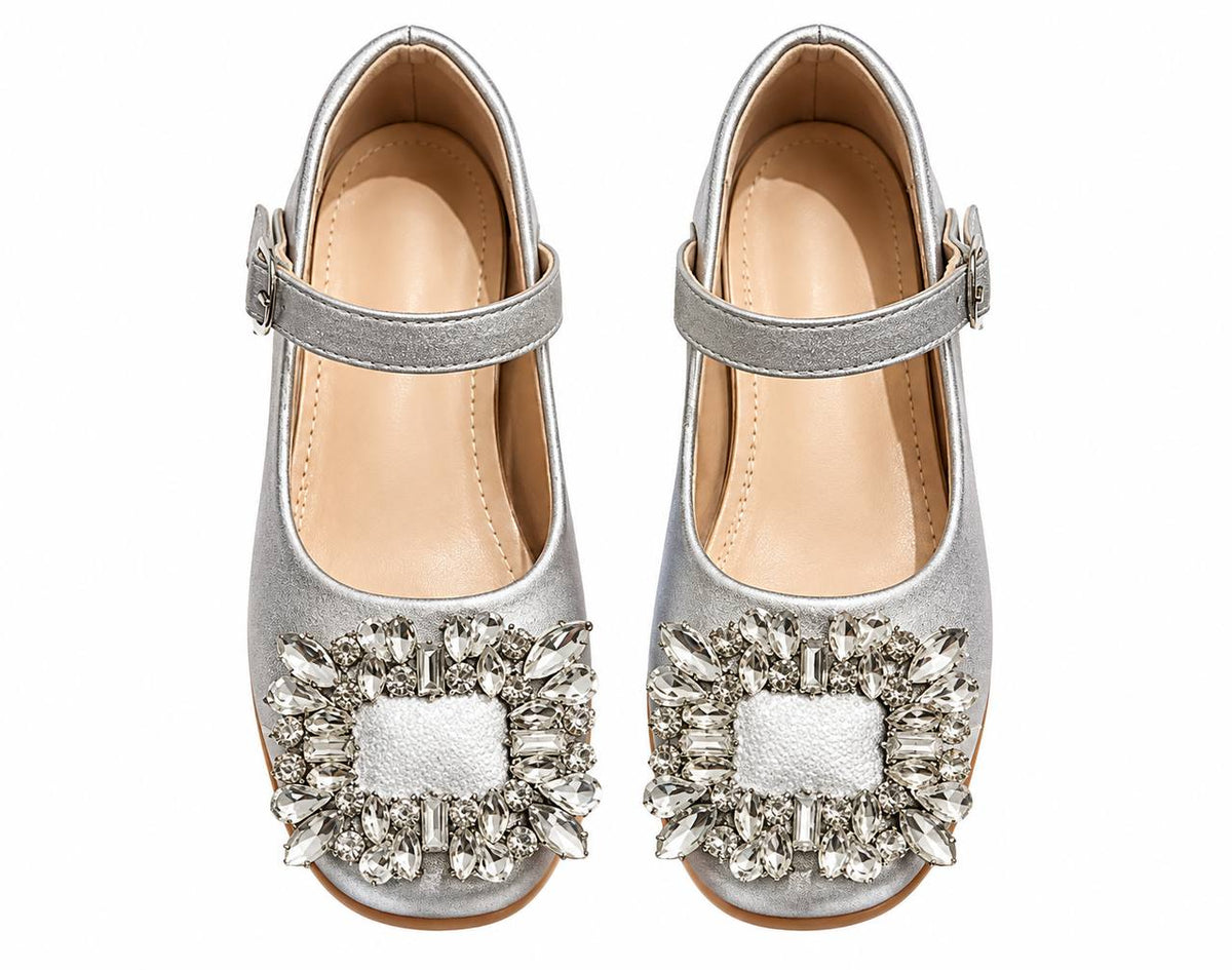 Silver Mary Jane shoes with jeweled square buckle ornaments, top view