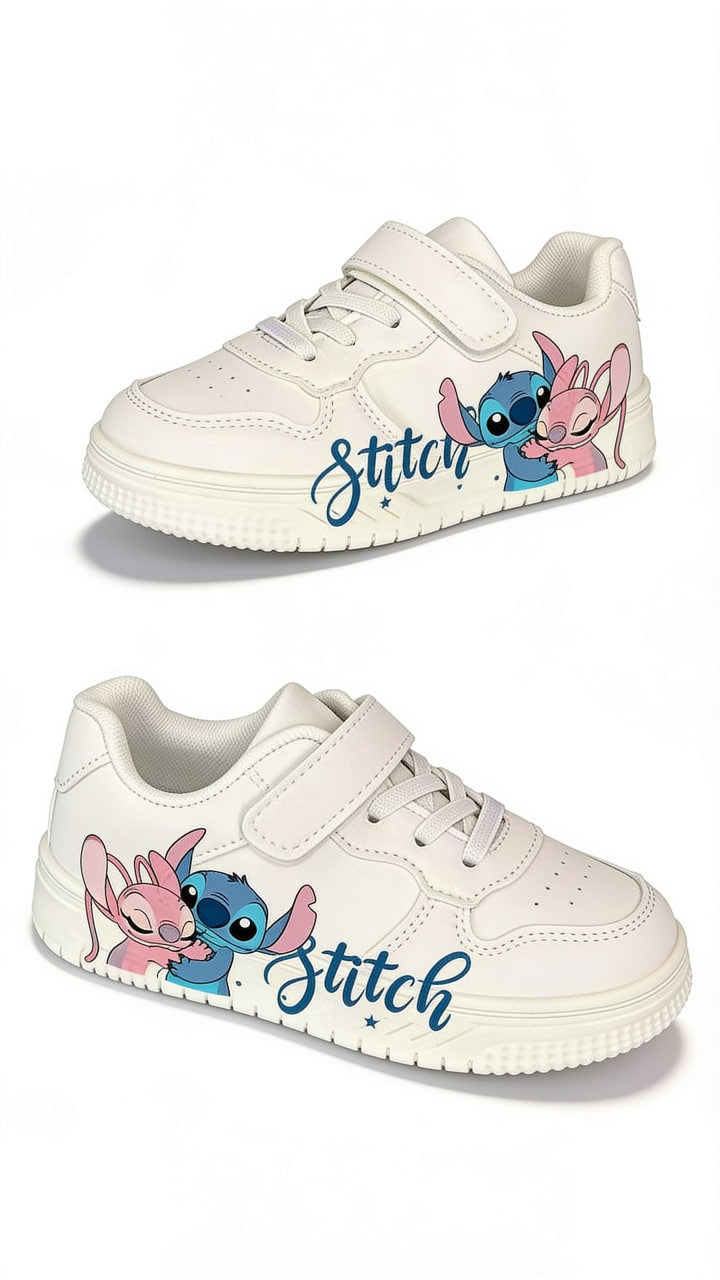 White kids’ sneakers featuring Stitch and Angel